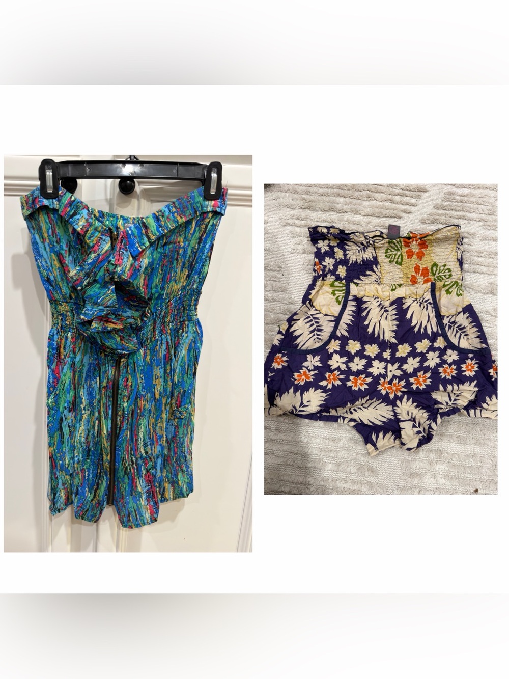 Blue Floral Strapless Romper - Women's Summer Jumpsuit